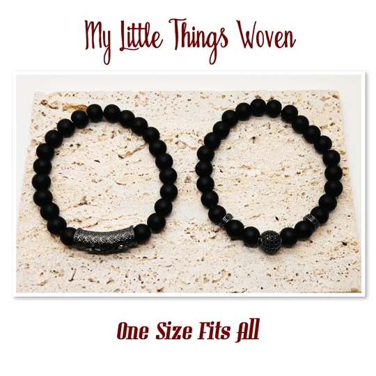 Men's Pave CZ Black 8mm Stone Beaded Bracelet with Chrystal Bail Charms