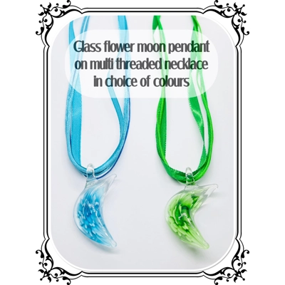 Murano Lamp-work Glass Crescent Moon Pendant & Necklace, Blue or Green