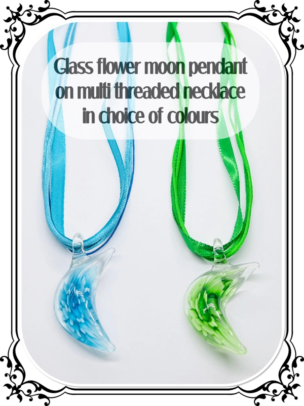 Murano Lamp-work Glass Crescent Moon Pendant & Necklace, Blue or Green