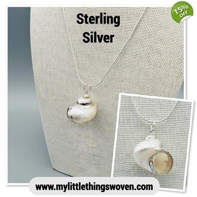White Pearl Turbo Shell Pendant and Necklace, Silver 925, 18" Snake Chain, Adjustable