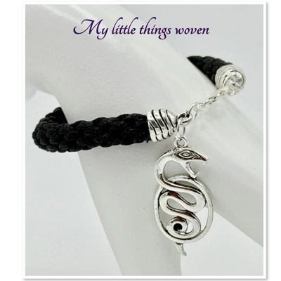 Black Snake Charm Bracelet Kumihimo Cord Braid, Real Silver