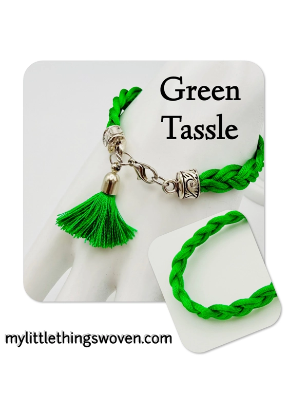 Green Braided Cord Bracelet with Tassel Dangle Charm