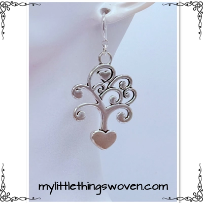 Silver Love Heart Tree Dangle Drop Earrings