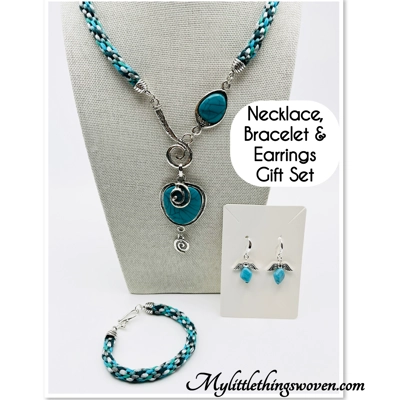 Turquoise Blue Necklace & Pendant + Bracelet + Earrings 3 piece set Handmade