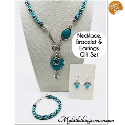 Turquoise Blue Necklace & Pendant + Bracelet + Earrings 3 piece set Handmade