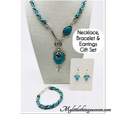 Turquoise Blue Necklace & Pendant + Bracelet + Earrings 3 piece set Handmade