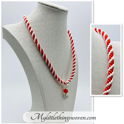 Red And White Spiral Braid Necklace & Bracelet Set With Love Heart Theme Silver