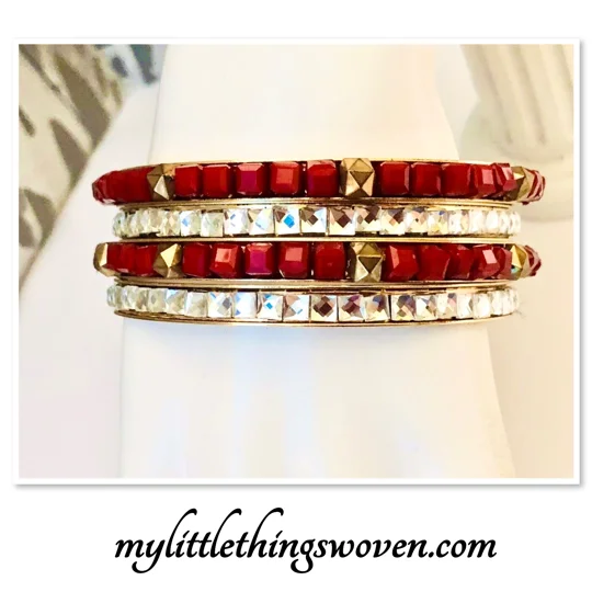Red Sparkly Bracelet Bangles Set of 4, Gold, Ladies Fashion Party Wear
