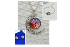 Glass Cabochon Tree of Life Necklace, Earrings & Bracelet 3 Piece Set in choice of colours