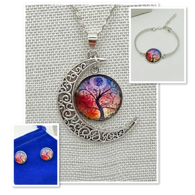 Glass Cabochon Tree of Life Necklace, Earrings & Bracelet 3 Piece Set in choice of colours Glass Cabochon Tree of Life Necklace, Earrings & Bracelet 3 Piece Set in choice of colours