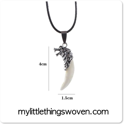 Silver Wolf Teeth Pendant Necklace, White Silver Wolf Teeth Pendant Necklace, White
