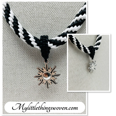 Silver Sun Star Pendant & Necklace Black And White Spiral Hand Braided Silk 18"