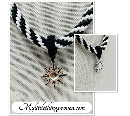 Silver Sun Star Pendant & Necklace Black And White Spiral Hand Braided Silk 18"