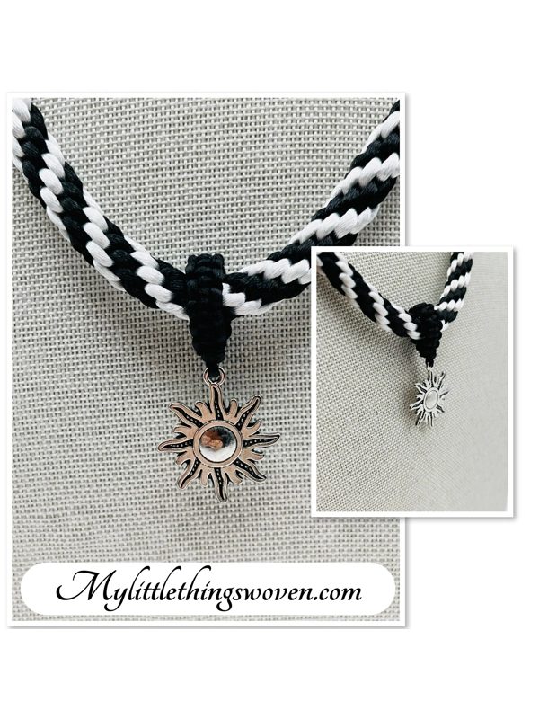 Silver Sun Star Pendant & Necklace Black And White Spiral Hand Braided Silk 18"