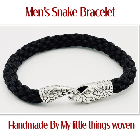 Men's Silver Snake Braided Cord Bracelet Black Kumihimo Cord