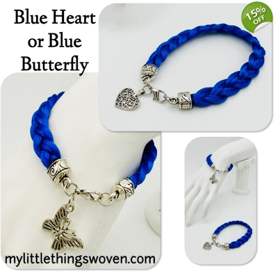 Blue Braided Cord Bracelet with Choice of Silver Charms