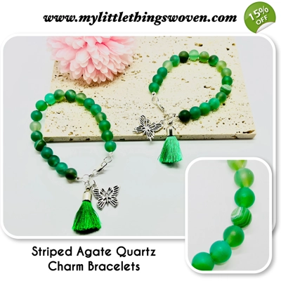 Green Striped Agate Quartz Stone Bead Bracelet + tassel and butterfly dangle charms