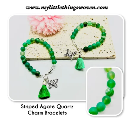 Green Striped Agate Quartz Stone Bead Bracelet + tassel and butterfly dangle charms