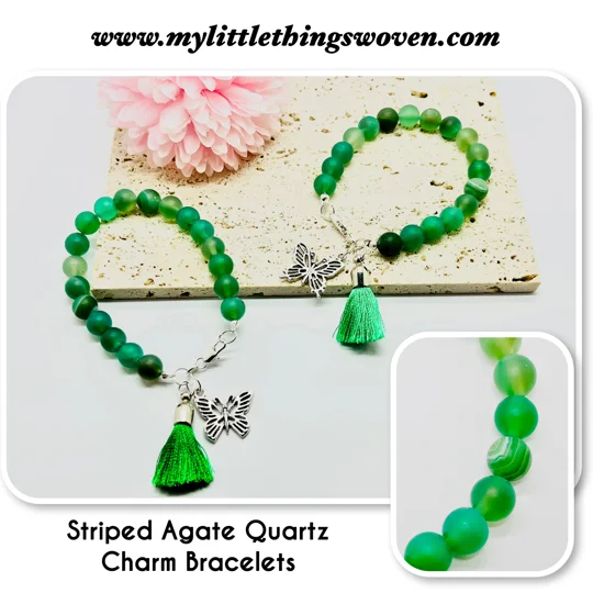 Green Striped Agate Quartz Stone Bead Bracelet + tassel and butterfly dangle charms