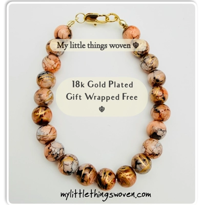 Chocolate/Brown 8mm Round Opaque Draw bench style, Beaded Bracelet, Gold Plated, Handmade