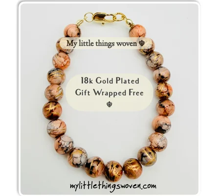 Chocolate/Brown 8mm Round Opaque Draw bench style, Beaded Bracelet, Gold Plated, Handmade