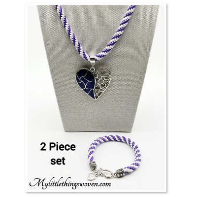 Purple Heart Pendant & Necklace & Bracelet Gift 2 Piece Set Silver, Cord New