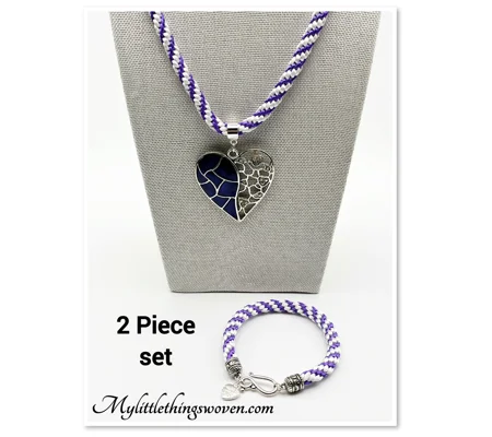 Purple Heart Pendant & Necklace & Bracelet Gift 2 Piece Set Silver, Cord New