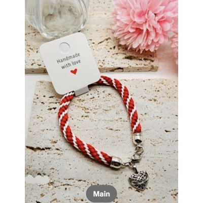 Red Heart Charm Bracelet - Spiral Patterned, Braided Cord Bracelet, Handmade,