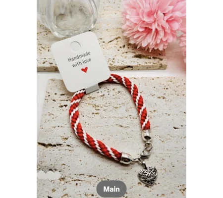 Red Heart Charm Bracelet - Spiral Patterned, Braided Cord Bracelet, Handmade,