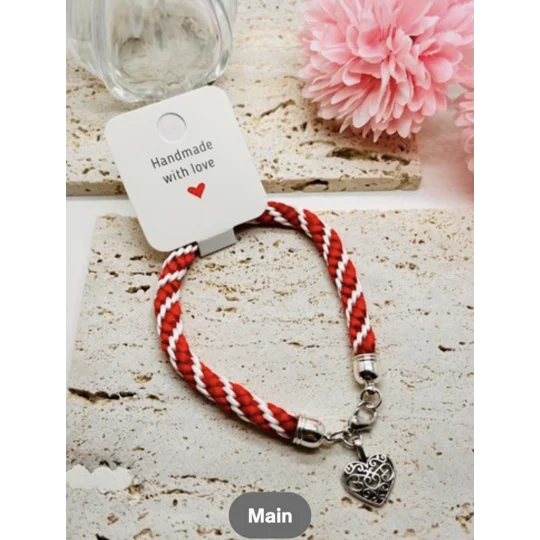 Red Heart Charm Bracelet - Spiral Patterned, Braided Cord Bracelet, Handmade,