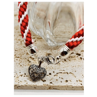 Red Heart Charm Bracelet - Spiral Patterned, Braided Cord Bracelet, Handmade,
