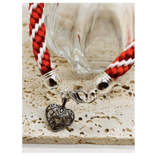 Red Heart Charm Bracelet - Spiral Patterned, Braided Cord Bracelet, Handmade,