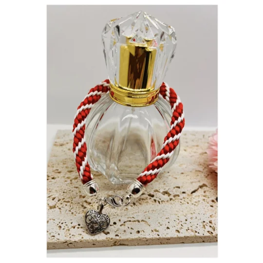 Red Heart Charm Bracelet - Spiral Patterned, Braided Cord Bracelet, Handmade,