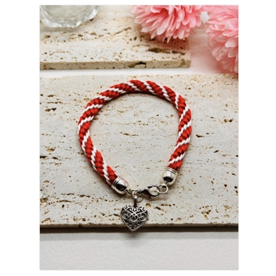 Red Heart Charm Bracelet - Spiral Patterned, Braided Cord Bracelet, Handmade,
