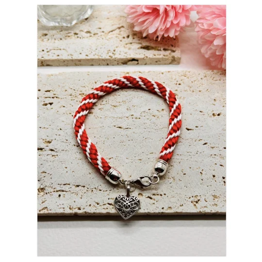 Red Heart Charm Bracelet - Spiral Patterned, Braided Cord Bracelet, Handmade,