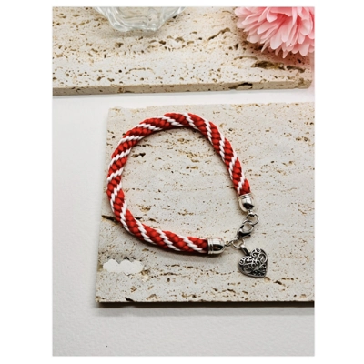 Red Heart Charm Bracelet - Spiral Patterned, Braided Cord Bracelet, Handmade,
