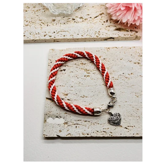 Red Heart Charm Bracelet - Spiral Patterned, Braided Cord Bracelet, Handmade,