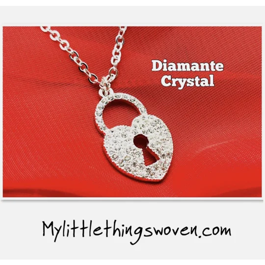 Silver Love Heart Key Lock Pendant and Necklace Diamanté Crystal