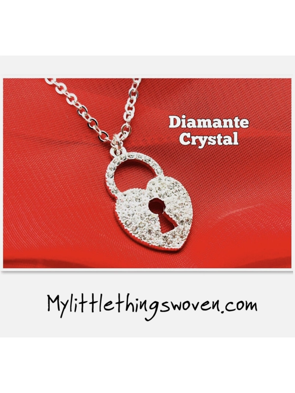 Silver Love Heart Key Lock Pendant and Necklace Diamanté Crystal