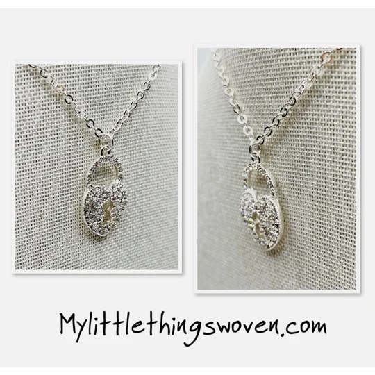 Silver Love Heart Key Lock Pendant and Necklace Diamanté Crystal