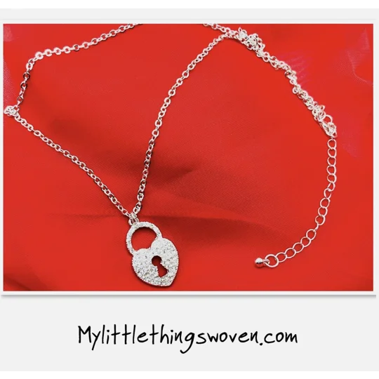 Silver Love Heart Key Lock Pendant and Necklace Diamanté Crystal