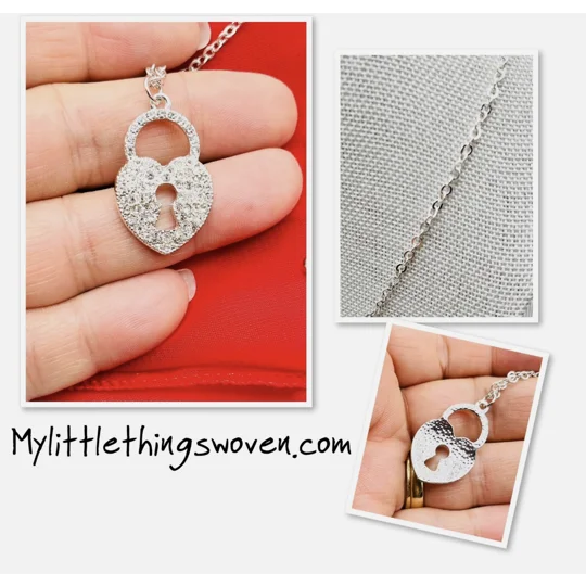 Silver Love Heart Key Lock Pendant and Necklace Diamanté Crystal