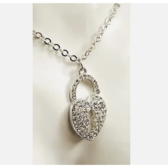 Silver Love Heart Key Lock Pendant and Necklace Diamanté Crystal