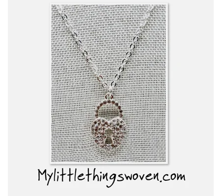 Silver Love Heart Key Lock Pendant and Necklace Diamanté Crystal