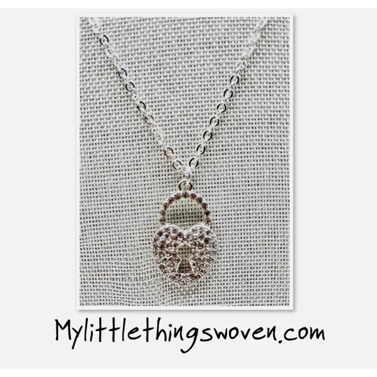 Silver Love Heart Key Lock Pendant and Necklace Diamanté Crystal