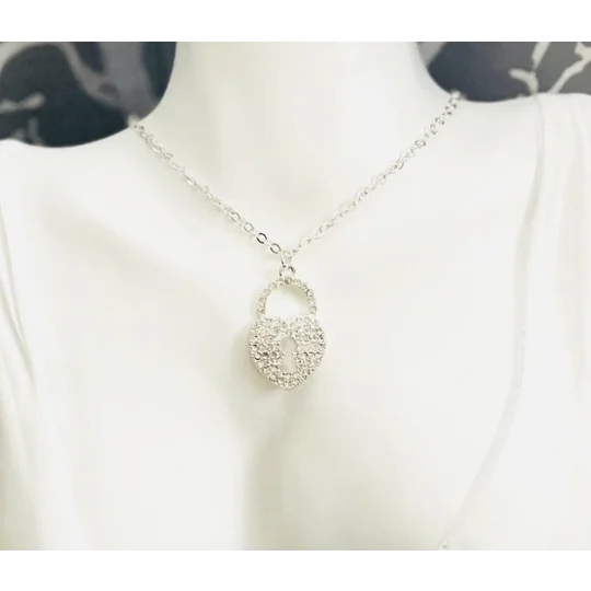 Silver Love Heart Key Lock Pendant and Necklace Diamanté Crystal