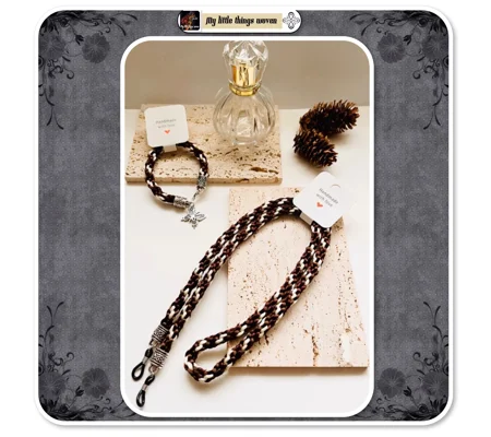 Brown Silk Kumihimo Braid GLASSES LANYARD with BRACELET and charm 2 piece Set