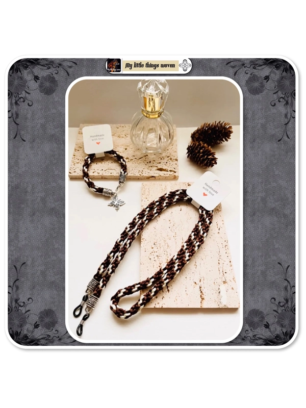 Brown Silk Kumihimo Braid GLASSES LANYARD with BRACELET and charm 2 piece Set