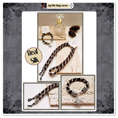 Brown Silk Kumihimo Braid GLASSES LANYARD with BRACELET and charm 2 piece Set