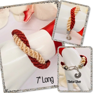 Red and Cream Twin Flat Braids Entwined Bracelet With Silv..